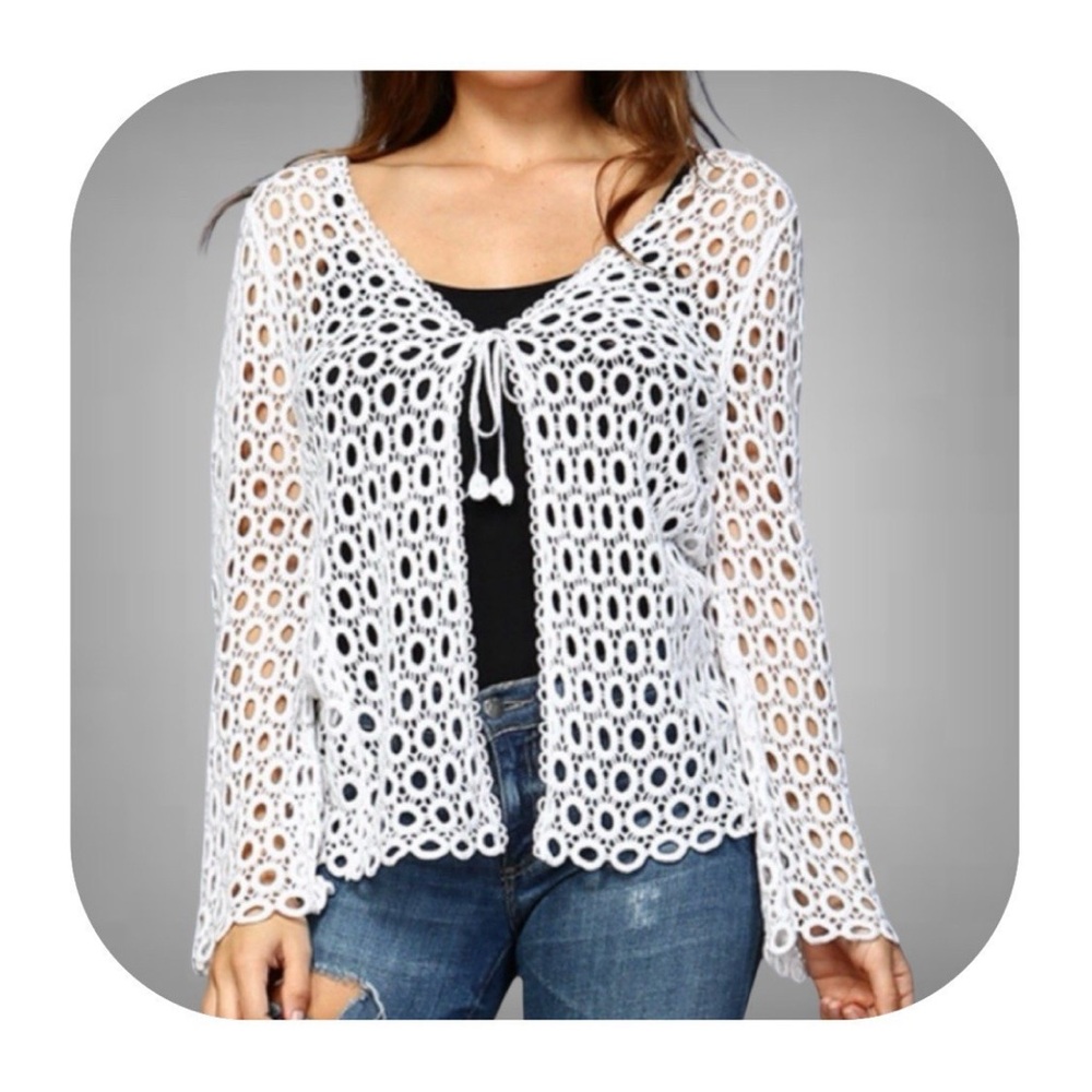 NWT Apparel Love L white open crochet knit cardigan
